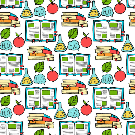 Seamless colored back to school pattern with supplies stationary and creative elements. Colorful fun cute vector line backgroundのイラスト素材