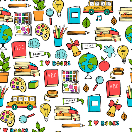Seamless colored back to school pattern with supplies stationary and creative elements. Colorful fun cute vector line backgroundのイラスト素材