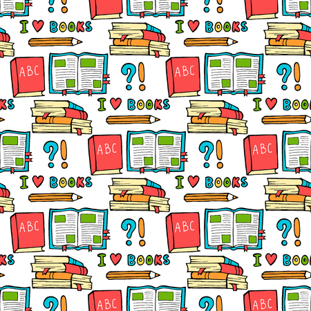 Seamless colored back to school pattern with supplies stationary and creative elements. Colorful fun cute vector line backgroundのイラスト素材