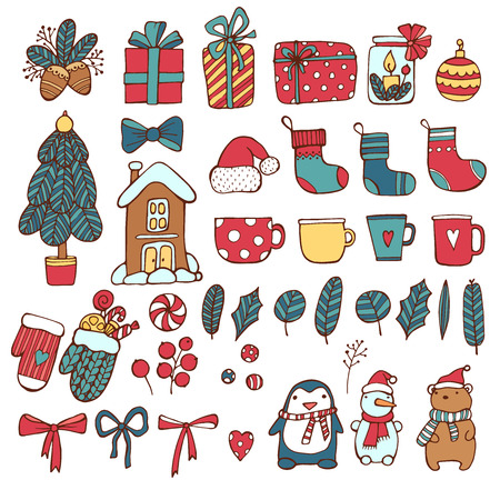 Colorful vector hand drawn doodle cartoon set of New Year and Christmas objects and symbols. Xmas coming. For your print designのイラスト素材