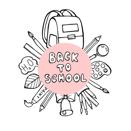 Back to School banner with texture from colorful line art icons of of education, science objects and office supplies on the notebook backgroundの写真素材