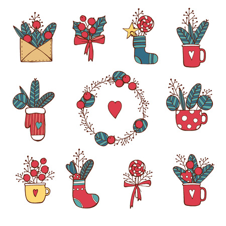 Winter,New year, Christmas colored icons set .Many different decorative elements for winter holidays for design. Trendy flat style.Doodle sketch in style of child s hand drawing. Vector.のイラスト素材