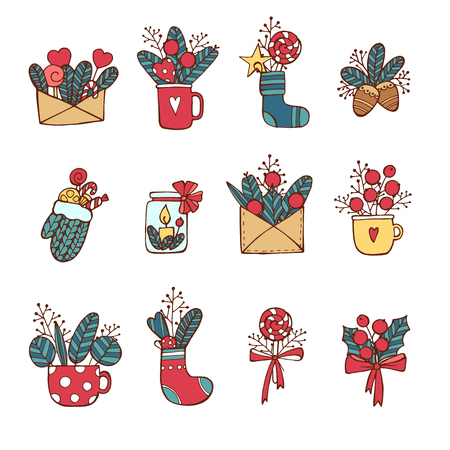 Winter,New year, Christmas colored icons set .Many different decorative elements for winter holidays for design. Trendy flat style.Doodle sketch in style of child s hand drawing. Vector.のイラスト素材