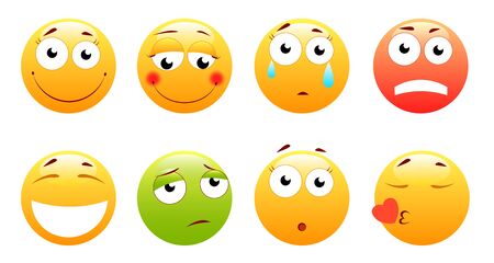 Smileys vector set. Smiley face or yellow emoticons with facial expressions and emotions like happy, shouting, confused and shocked isolated in white background. Vector illustrationの写真素材