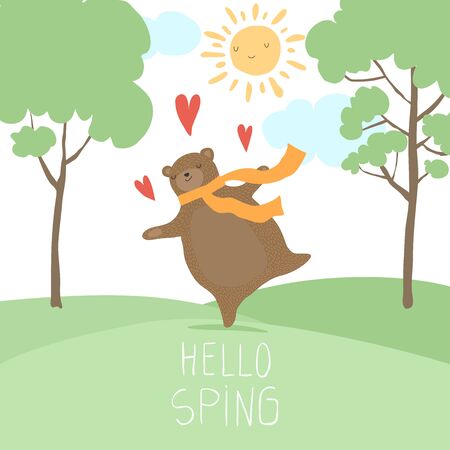 Hello Spring forest landscape. Cute bear in love spring sunny time dancing on green fresh grassのイラスト素材