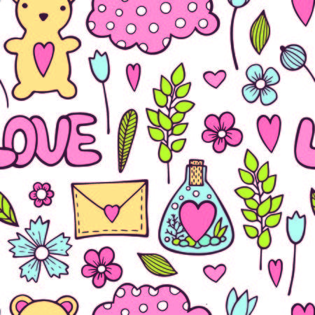 Seamless pattern with hand drawn hearts in pastel pink and black. Cute rabbit, letter, flower, love potion. Loving heartのイラスト素材