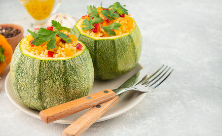 Stuffed zucchini with rice and vegetables on a light table. side view. Summer vegetables.Banner. copyspace.の写真素材