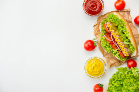 Hot dog with pickles, tomatoes and lettuce on a white background. fast food. Calorie food. view from above. Space for copy. food banner.の写真素材