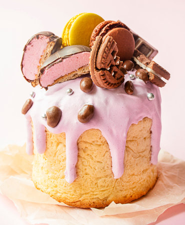 Easter cake decorated with chocolate and cookies. Easter cake close-up.