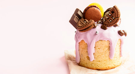 Easter cake decorated with chocolate and cookies. Traditional Easter cake. Banner. copyspace.