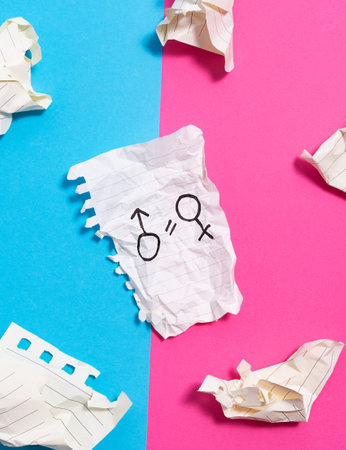 The concept of gender equality. Torn crumpled sheet of paper with painted female and male symbol on blue pink background. Equality of rights between men and women.の写真素材