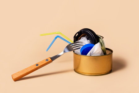 The concept of environmental pollution. Opened fish can with garbage and fork on the table. Ocean and freshwater pollution. Plastic pollution of the environment.の写真素材