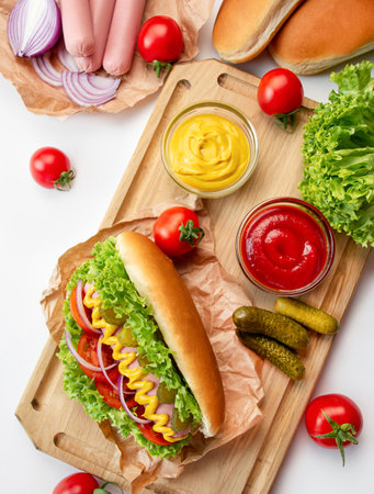 Hot dog with ketchup and mustard on a white table. Ingredients for cooking hot dogs. view from above.の写真素材