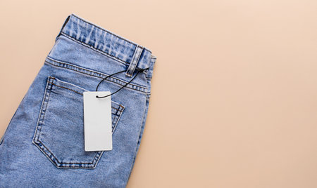 Blue jeans with a paper label on a beige background. Black Friday sale. Mock up. copyspace.の写真素材