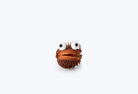Halloween concept. Spooky dry chestnut with eyes on a white background. Halloween background.
