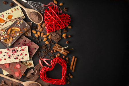 Handmade chocolate with berries, nuts, dried fruits on a dark background. Black and white chocolate....