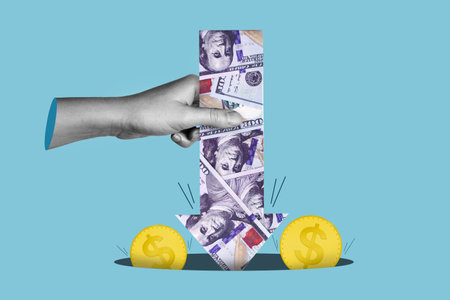 Business concept. Hand holding an arrow of dollars pointing down. Financial losses. Economic recession crisis. Collage.の写真素材