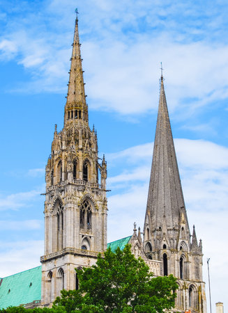 Bell towers of the famous cathedral in Chartres, France