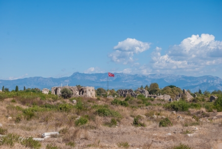 flag of Turkey in town of Side near ancient ruinsのeditorial素材