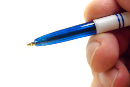 hand holding a pen isolated on white, macro