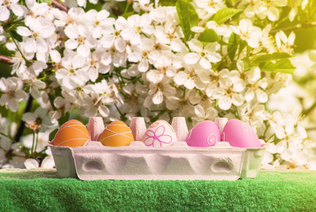 Easter decoration. Background with eggs and Turkish towel on flowers with space for textの写真素材