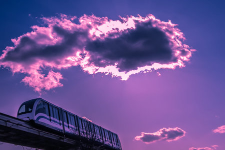 monorail train against sky at sunsetの写真素材