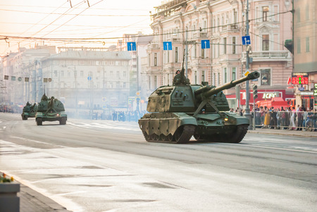 MOSCOW - APRIL 29: Evening rehearsal for the Victory Parade dedicated to the 69 anniversary of the Victory in the Great Patriotic War (World War II), April 29, 2014, Moscow, Russia. Army military vehicles move through the Tverskaya street.のeditorial素材