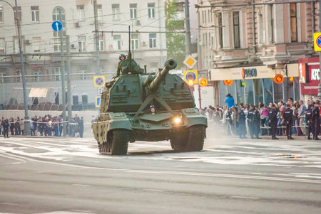 MOSCOW - APRIL 29: Evening rehearsal for the Victory Parade dedicated to the 69 anniversary of the Victory in the Great Patriotic War (World War II), April 29, 2014, Moscow, Russia. Army military vehicles move through the Tverskaya street.のeditorial素材