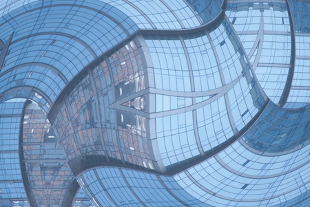 digitally transformed photo of modern office building. Business background.の写真素材