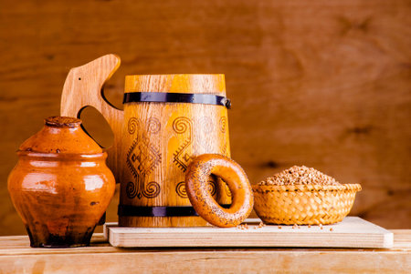 Rural kitchen scene. bread on wood.の写真素材