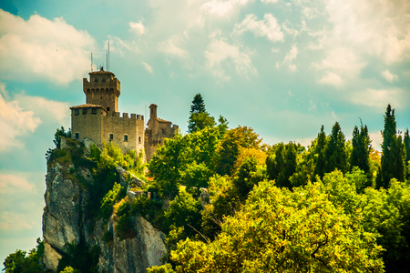 Beautiful view of the medieval fortress De La Fratta or Cesta overlooking the green hills of San Marino republic.のeditorial素材