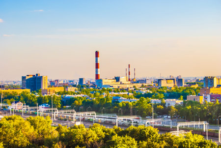 Industrial landscape with a thermal power plantの写真素材