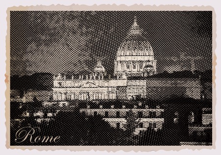 Night view at St. Peter's cathedral in Rome, Italy. Vintage travel postcard.のイラスト素材