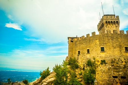 Beautiful view of the medieval fortress De La Fratta or Cesta overlooking the green hills of San Marino republic.のeditorial素材