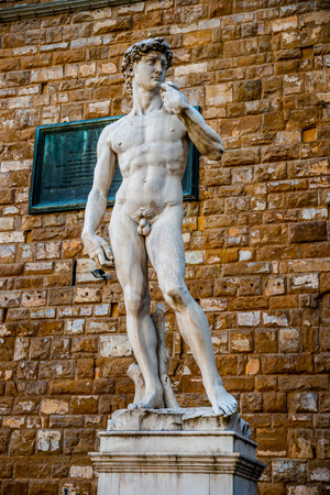 David by Michelangelo in front of Palazzo Vecchio, Florence Italyのeditorial素材