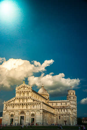 View of Leaning tower, and Duomo, Piazza dei miracoli, Pisa, Italyの写真素材