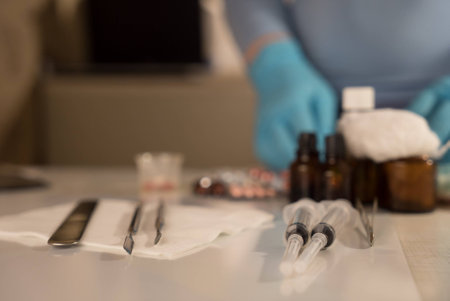 Syringe with glass vials and medications pills with defocused doctor's hands preparing for a treatment procedureの写真素材