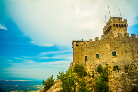 Beautiful view of the medieval fortress De La Fratta or Cesta overlooking the green hills of San Marino republic.のeditorial素材