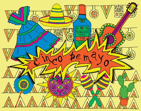 Poster for fiesta time with colorful hand drawn attributes of mexican holiday. Cinco de Mayo banner.のイラスト素材