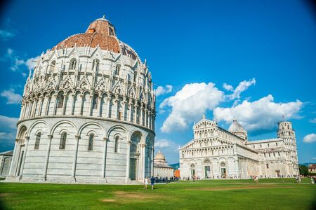 View of Leaning tower, Baptistery and Duomo, Piazza dei miracoli, Pisa, Italyの写真素材