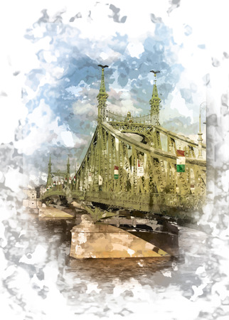 Liberty Bridge in Budapest, Hungary. Tourist destination photography with sityscape and river.のイラスト素材