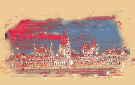Gorgeous view of Budapest Parliament building in sunset under big clouds, near glittering water of Danube. Travel background picture of Hungary.のイラスト素材