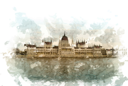 Gorgeous view of Budapest Parliament building in sunset under big clouds, near glittering water of Danube. Travel background picture of Hungary.のイラスト素材