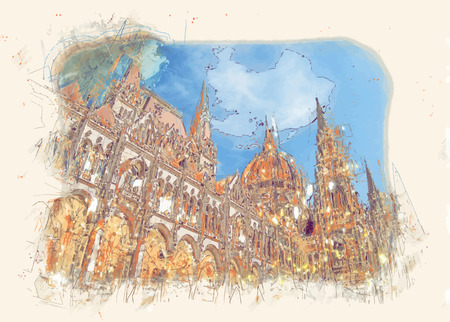 Famous building of Hungarian Parliament, neogothic landmark in Budapest city.のイラスト素材