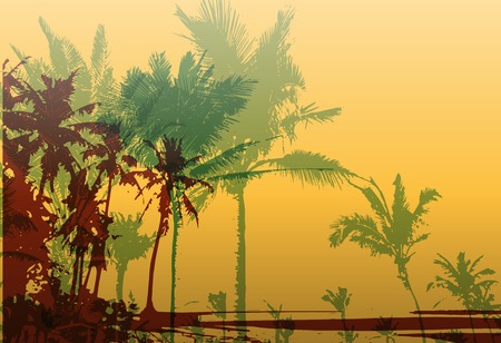 Colorful background with silhouette of palm trees on the beach. Tropical seasonal background for topics of travel, vacation and summer.のイラスト素材