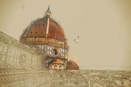 Travel background in vector format. Modern stylish painting with watercolor and pencil. The Basilica di Santa Maria del Fiore (Basilica of Saint Mary of the Flower) in Florence, Italyのイラスト素材