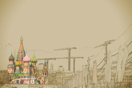 Travel background in vector format. Modern stylish painting with watercolor and pencil. St. Basil church in Moscow beside big construction cranes and flagsのイラスト素材