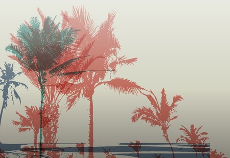 Colorful background with silhouette of palm trees on the beach. Tropical seasonal background for topics of travel, vacation and summer.のイラスト素材