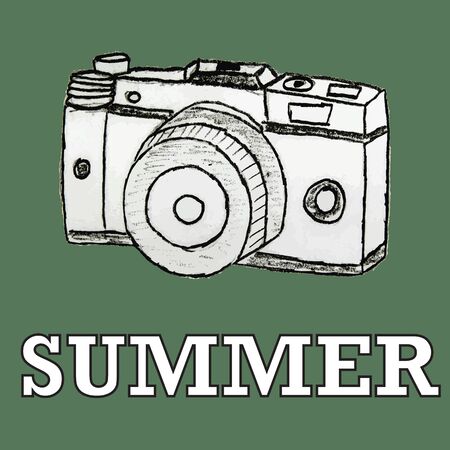 Doodle of photo camera.  Summer symbols for design and backgrounds. Happy vintage image of summertime. Illustrations of topics of vacation and travel.のイラスト素材