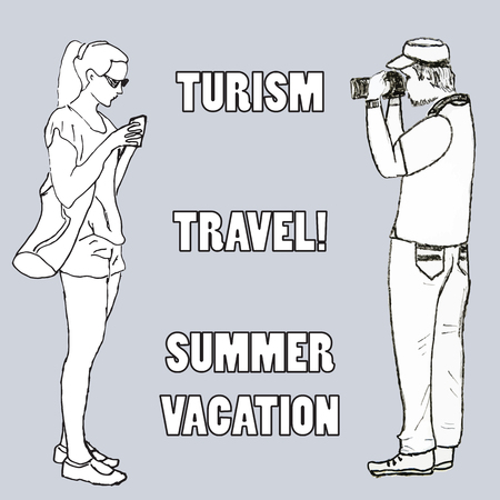Doodle of a young woman typing with smartphone and a yound man with photo camera taking pictures with space for text. Poster of cover for travel and summer.のイラスト素材